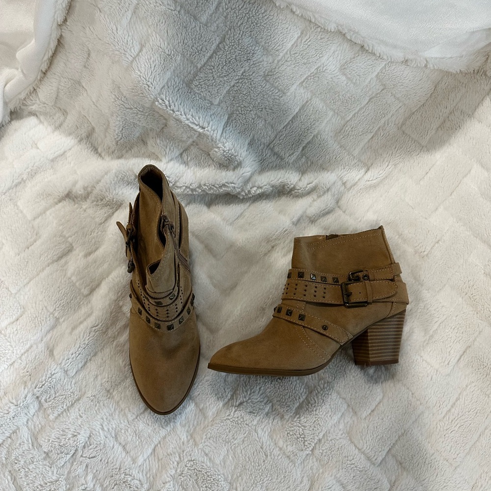 Express Tan Ankle Booties with Buckle Straps and Block Heel